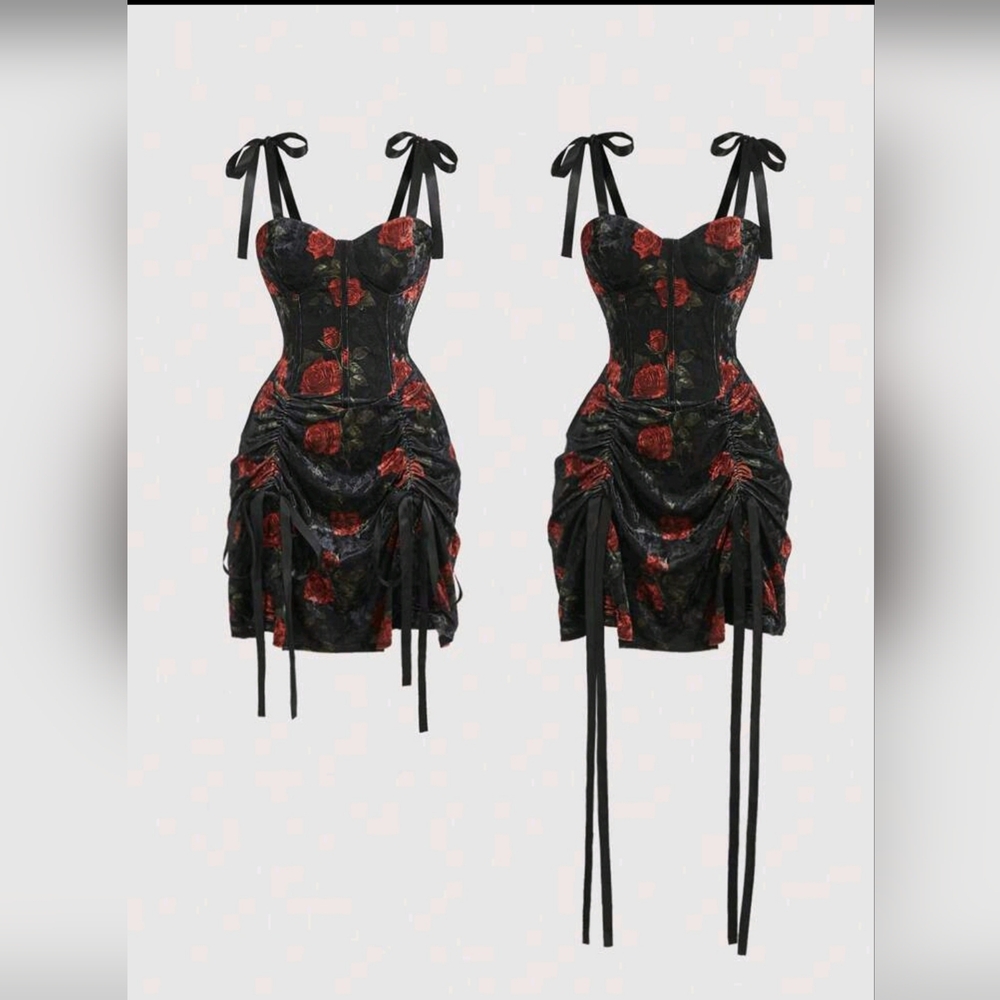 Red and Black Bodycon Mini Dress with Ruched Tie Front